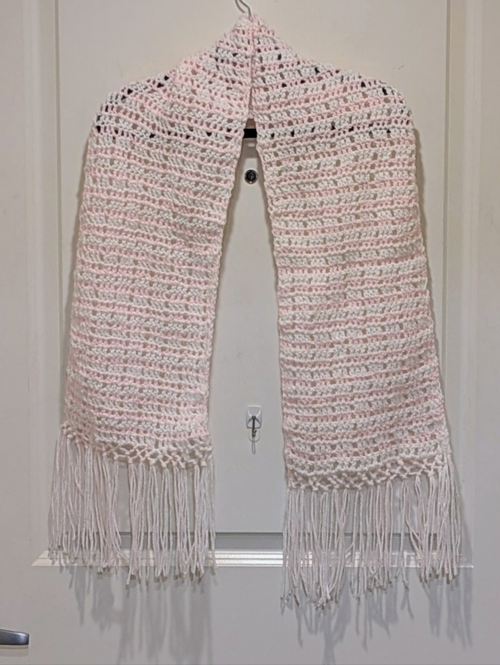 EUC Handmade Pink and White Crochet Lace Scarf with Long Fringe